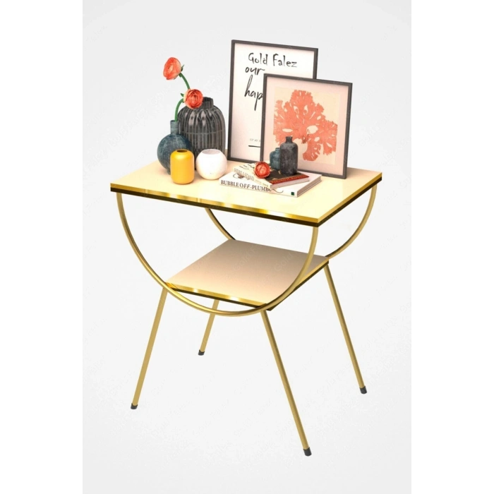 Yan Sehpa Komodin Metal Ayak Çift Gold Krem