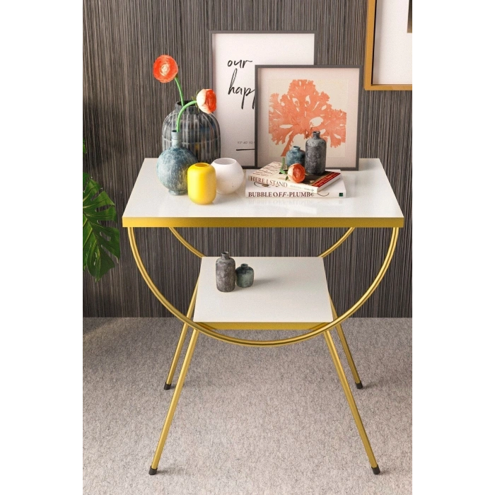 Yan Sehpa Komodin Metal Ayak Gold Beyaz