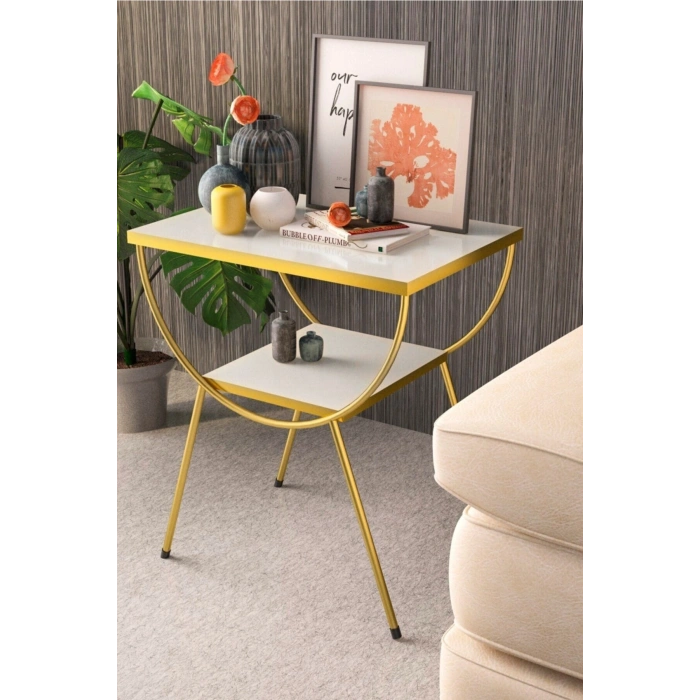 Yan Sehpa Komodin Metal Ayak Gold Beyaz