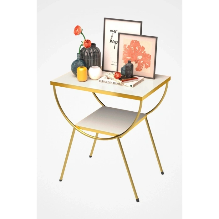 Yan Sehpa Komodin Metal Ayak Gold Beyaz