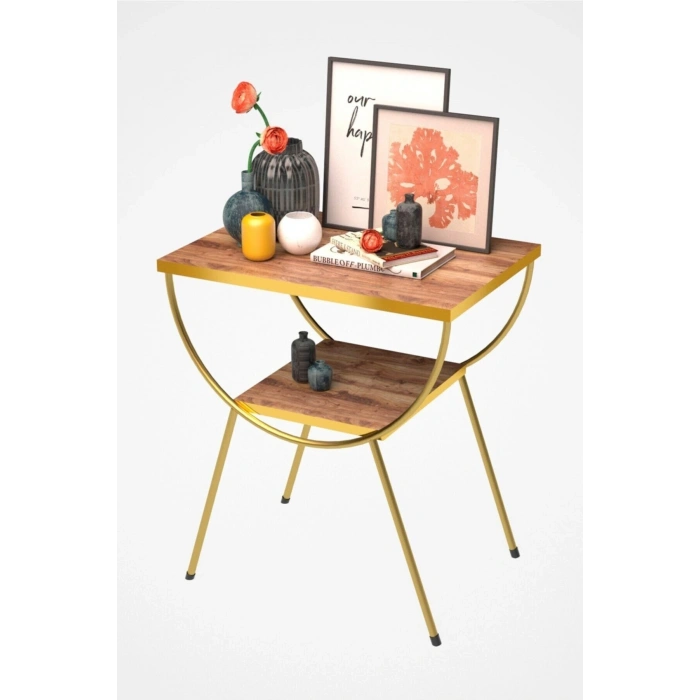 Yan Sehpa Komodin Metal Ayak Gold Ceviz