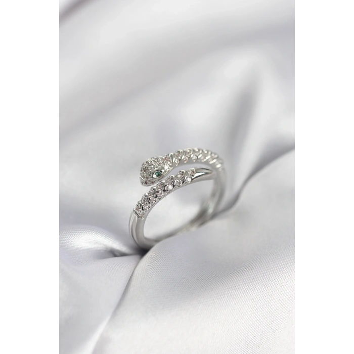 Yılan Model Gümüş Renk Zirkon Taşlı Kadın Yüzük