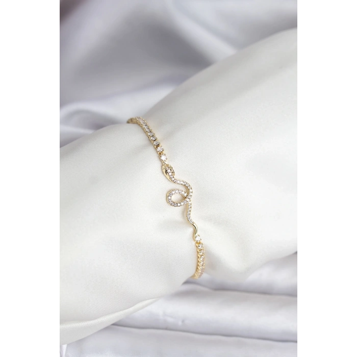 Yılan Model Zirkon Taşlı Gold Renk Pirinç Su Yolu Kadın Bileklik