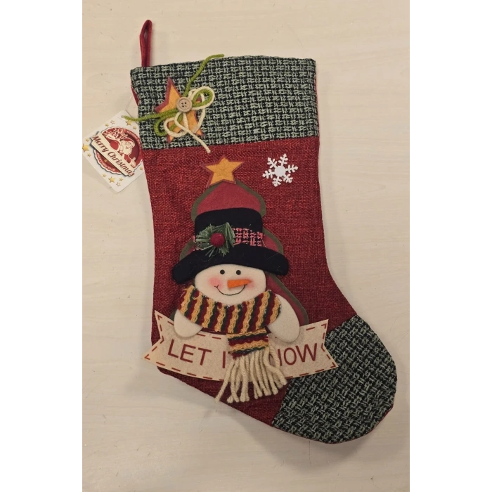 Yılbaşı Dekoratif Çorap 3D Kırmızı Kareli Kardan Adam 35 cm