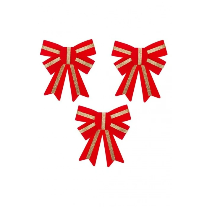 Yılbaşı Dekoratif Fiyonklar Kırmızı Kadife Altın Çizgi 14 cm - 3 adet
