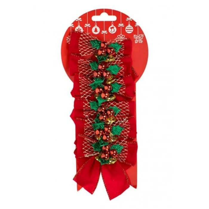 Yılbaşı Dekoratif Fiyonklar Kırmızı Kadife Çanlar Ökse Otu 10cm - 6 adet