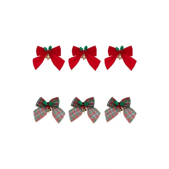 Yılbaşı Dekoratif Fiyonklar Kırmızı Kadife Kırmızı Yeşil Ekose Ökseotu 9x9cm - 6 adet