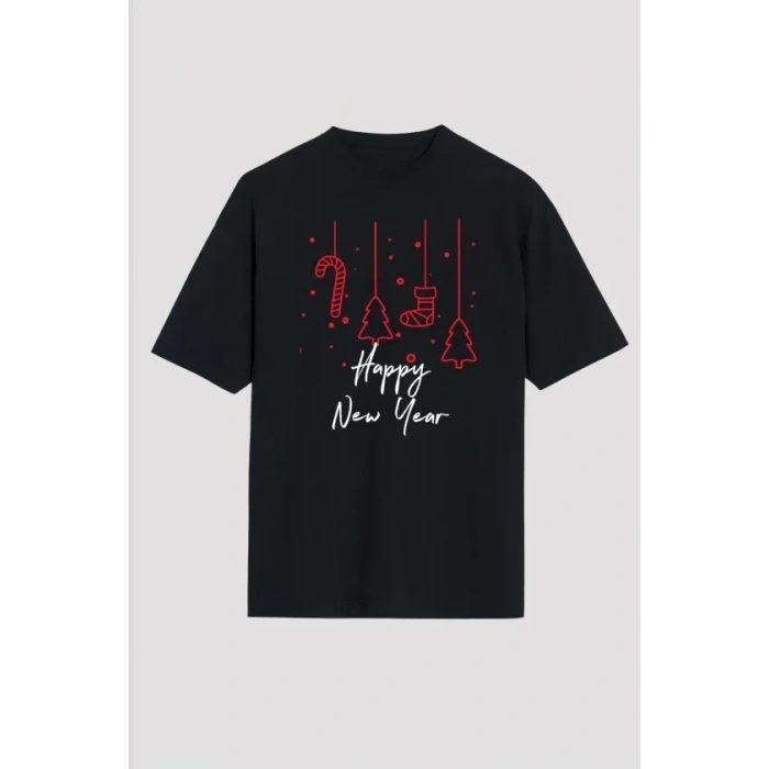 Yılbaşı Happy New Year Baskılı Kısa Kollu Oversize Bisiklet Yaka T-shirt - Siyah