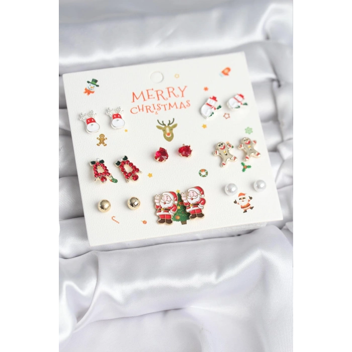 Yılbaşı Temalı Karışık Model 8 Çift Yılbaşı Temalı Kadın Küpe Seti