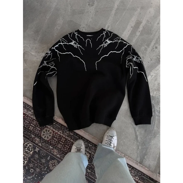 Yıldırım Baskılı Bisiklet Yaka SweatShirt - Siyah