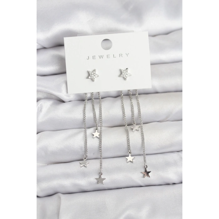 Yıldız Model Gümüş Renk Pirinç Sallantılı Kadın Küpe