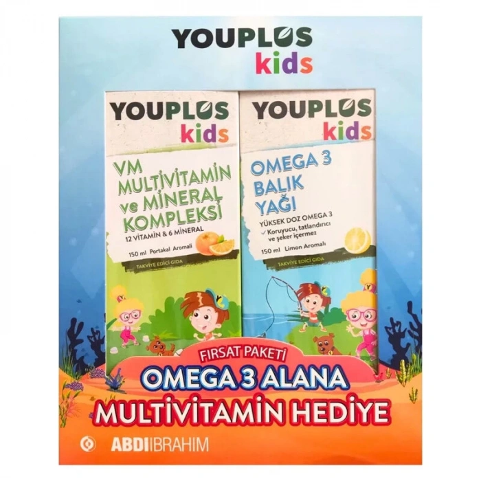 Youplus Kids Omega 3 Balık Yağı 150 ml + Kids VM 150 ml - Omega 3 Alana Multivitamin Hediye Etiketli