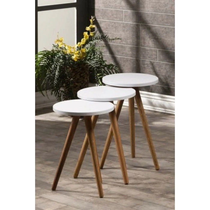 Zigon Sehpa 3 Lü Ahşap Orjinal Torna Ayak Beyaz