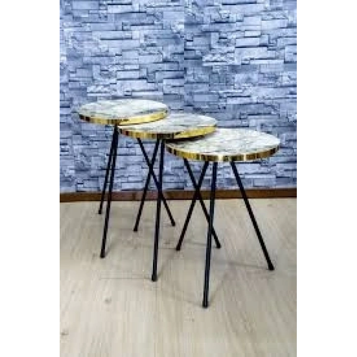 Zigon Sehpa 3lü Altın Efes Siyah Metal Ayak