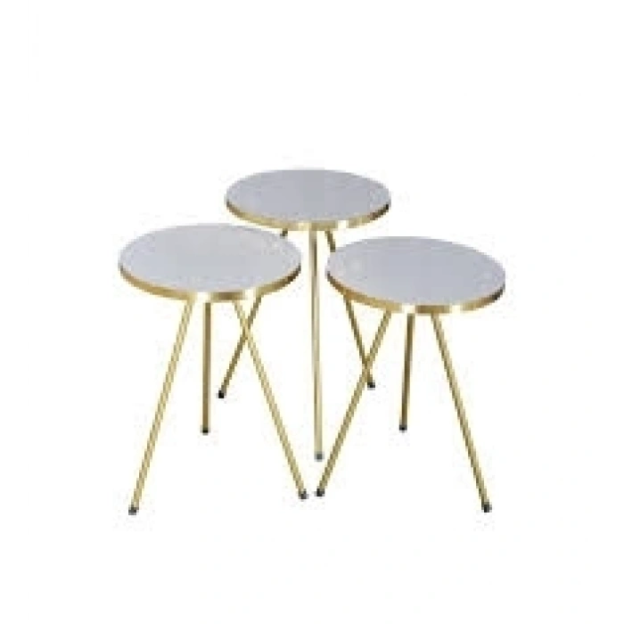 Zigon Sehpa 3lü Altın Metal Ayak Beyaz Altın 1061