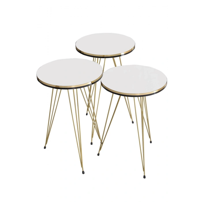 Zigon Sehpa 3lü Altın Metal Ayak Beyaz Altın