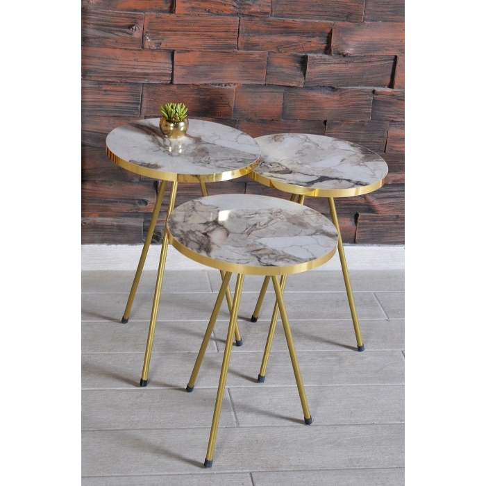 Zigon Sehpa 3lü Altın Metal Ayak Efes Altın 2176