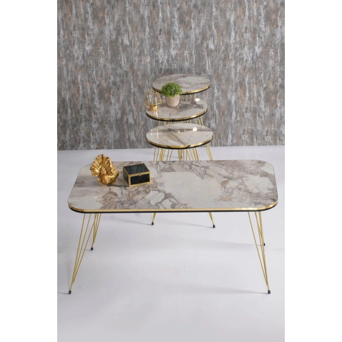 Zigon Sehpa 3lü Altın Metal Ayak Krem Altın