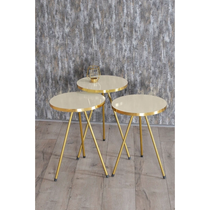 Zigon Sehpa 3lü Gold Metal Ayak Krem Gold