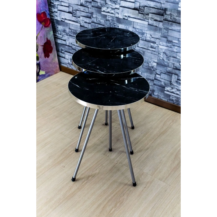 Zigon Sehpa 3lü Gümüş Metal Ayak Gümüş Siyah Bendir 1069