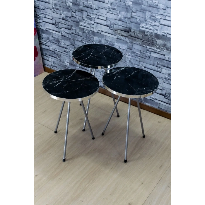 Zigon Sehpa 3lü Gümüş Metal Ayak Gümüş Siyah Bendir 1069