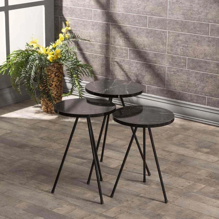 Zigon Sehpa 3 Lü Metal Ayak  Siyah Mermer Desen