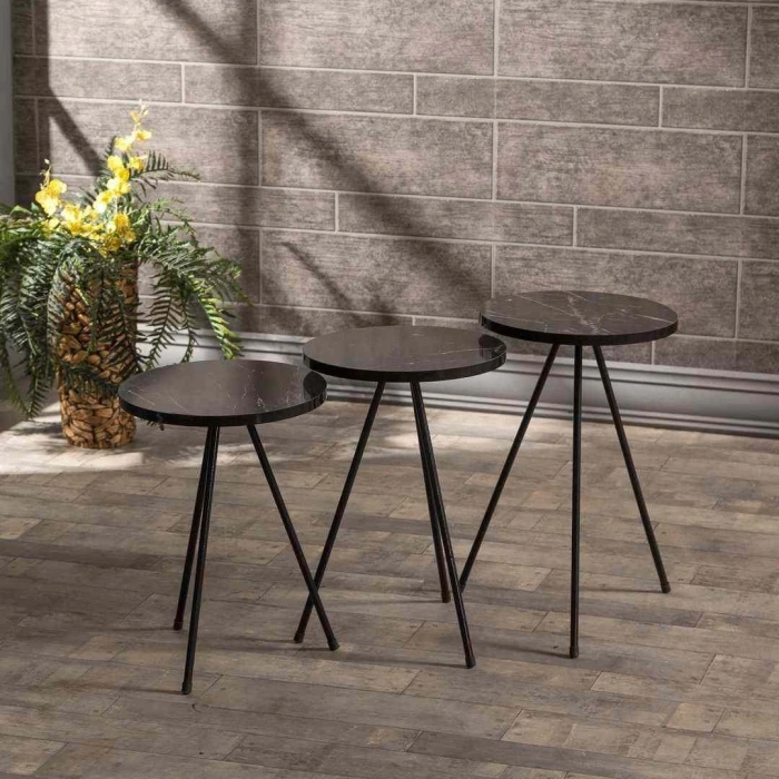 Zigon Sehpa 3 Lü Metal Ayak  Siyah Mermer Desen