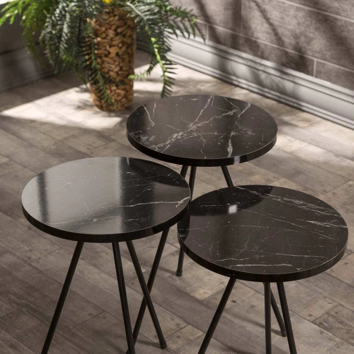 Zigon Sehpa 3 Lü Metal Ayak  Siyah Mermer Desen