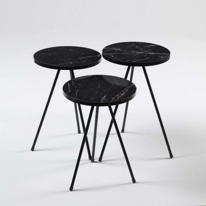 Zigon Sehpa 3 Lü Metal Ayak  Siyah Mermer Desen