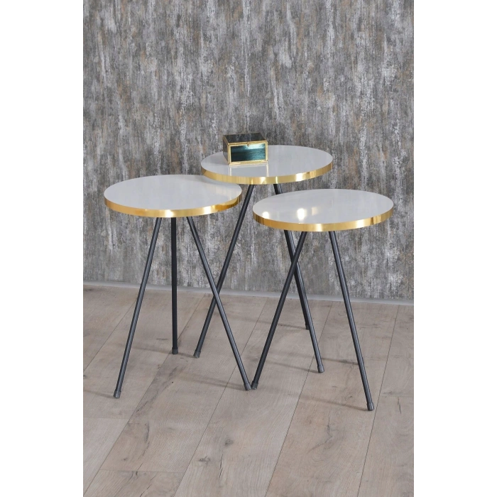 Zigon Sehpa 3 Lü Siyah Metal Ayak Altın Beyaz