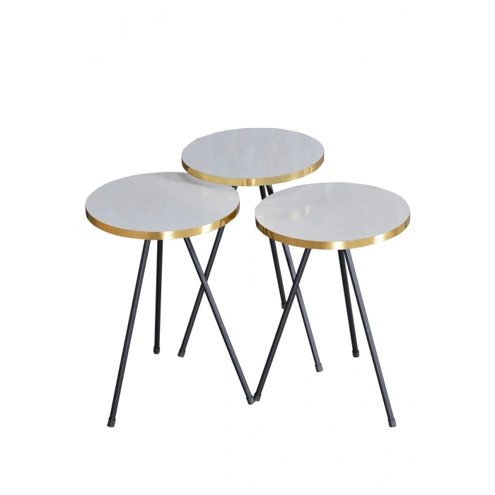 Zigon Sehpa 3 Lü Siyah Metal Ayak Altın Beyaz