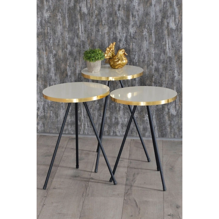 Zigon Sehpa 3 Lü Siyah Metal Ayak Altın Krem