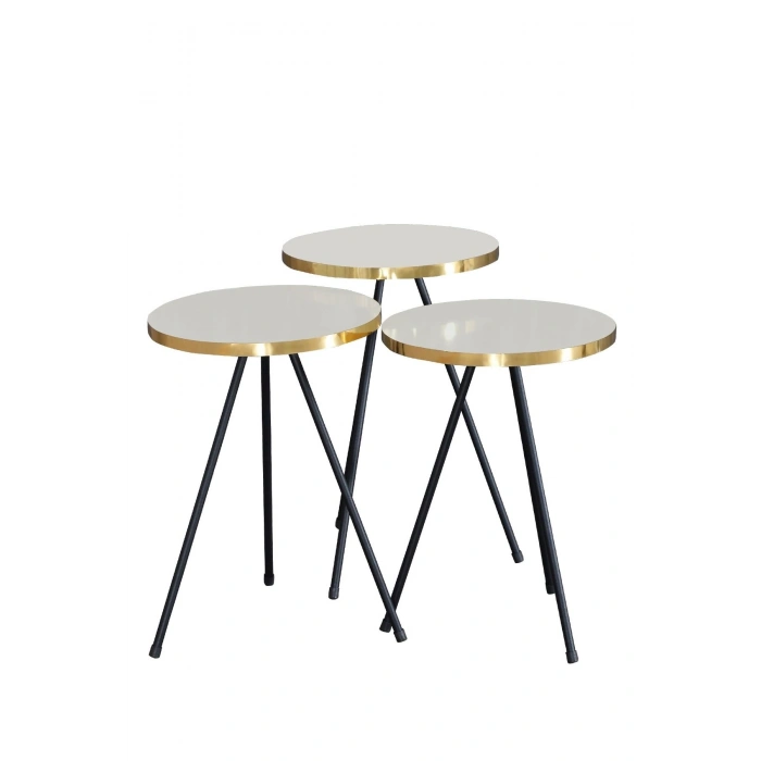 Zigon Sehpa 3 Lü Siyah Metal Ayak Altın Krem