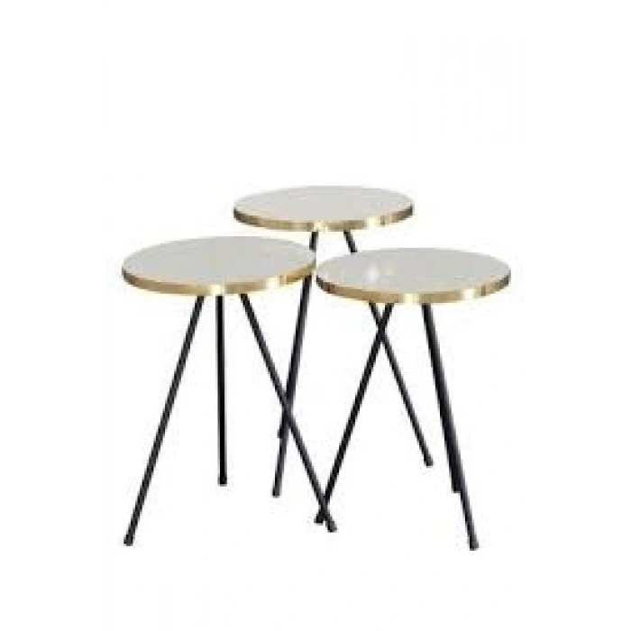 Zigon Sehpa 3 Lü Siyah Metal Ayak Gold Krem