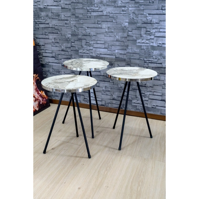 Zigon Sehpa 3lü Siyah Metal Ayak Gümüş Efes 1071