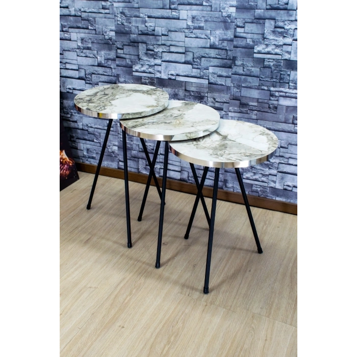 Zigon Sehpa 3lü Siyah Metal Ayak Gümüş Efes 1071