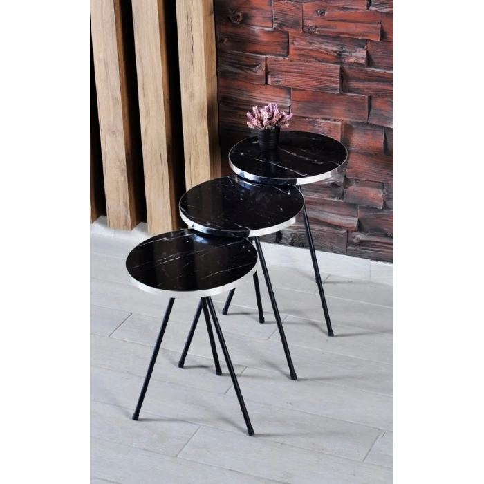 Zigon Sehpa 3lü Siyah Metal Ayak Gümüş Siyah Bendir 1070