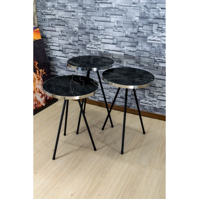 Zigon Sehpa 3lü Siyah Metal Ayak Gümüş Siyah Bendir 1070