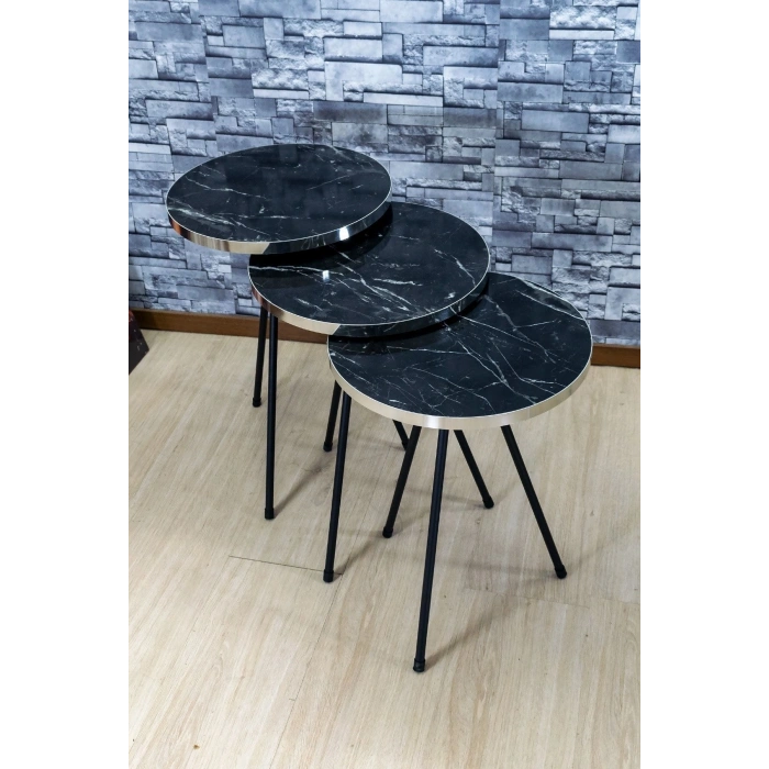 Zigon Sehpa 3lü Siyah Metal Ayak Gümüş Siyah Bendir 1070