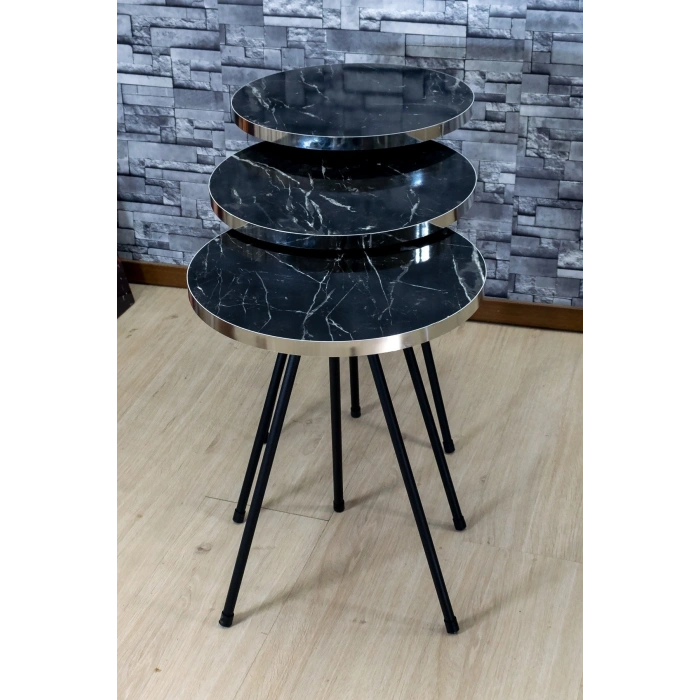 Zigon Sehpa 3lü Siyah Metal Ayak Gümüş Siyah Bendir 1070