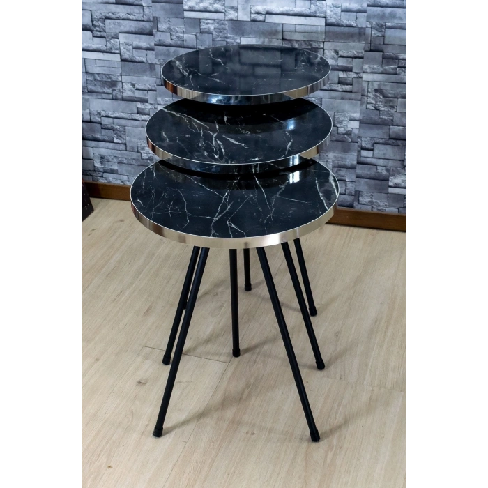 Zigon Sehpa 3lü Siyah Metal Ayak Gümüş Siyah Bendir 1070