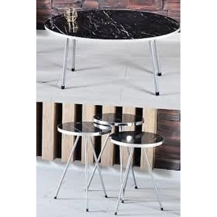 Zigon Sehpa Elips Gümüş Metal Ayak Gümüş Bendir Set