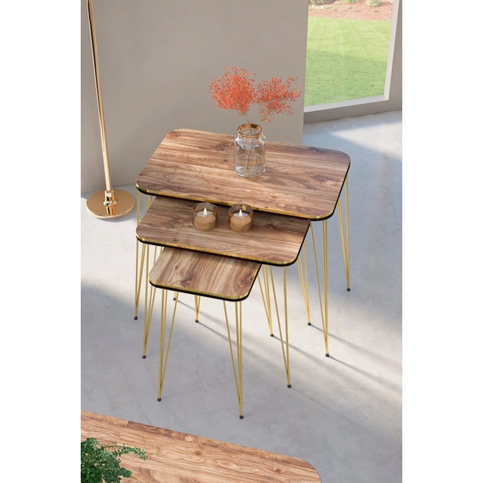 Zigon Sehpa Kare Çift Gold Ceviz Tel 1031