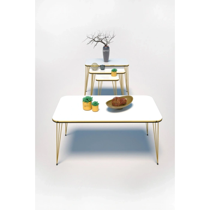 Zigon Sehpa Kr Ve Orta Sehpa Kr Set Çift Gold Beyaz Tel 1111