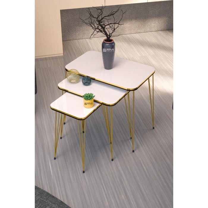 Zigon Sehpa Kr Ve Orta Sehpa Kr Set Çift Gold Beyaz Tel 1111