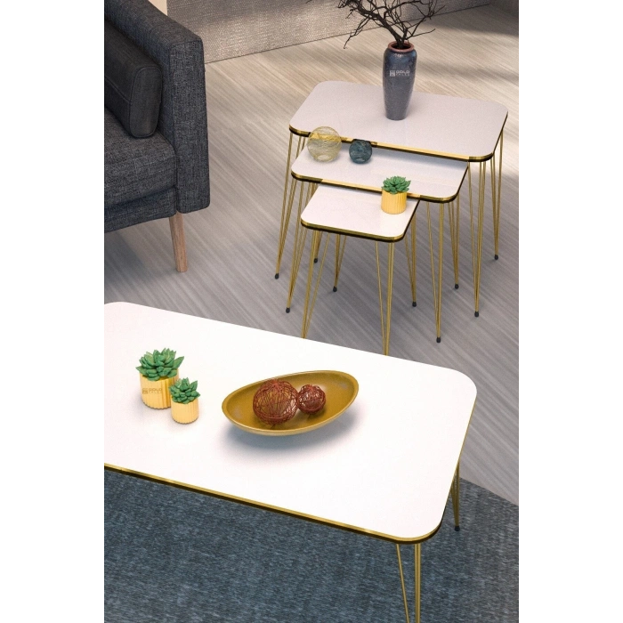 Zigon Sehpa Kr Ve Orta Sehpa Kr Set Çift Gold Beyaz Tel 1111