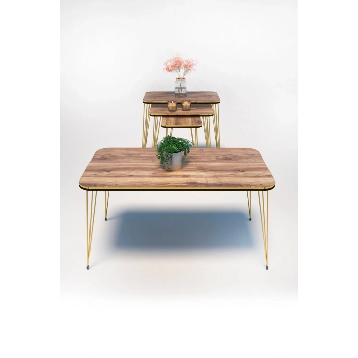 Zigon Sehpa Kr Ve Orta Sehpa Kr Set Çift Gold Ceviz Tel 1110