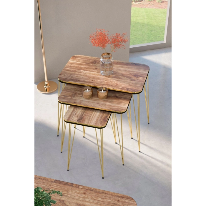 Zigon Sehpa Kr Ve Orta Sehpa Kr Set Çift Gold Ceviz Tel 1110