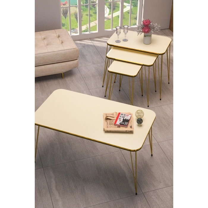 Zigon Sehpa Kr Ve Orta Sehpa Kr Set Çift Gold Krem Tel 1114