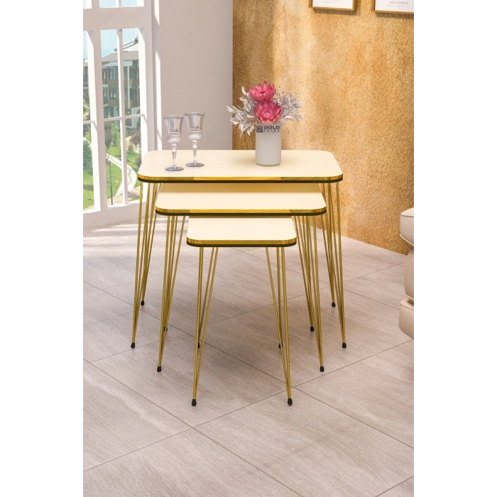 Zigon Sehpa Kr Ve Orta Sehpa Kr Set Çift Gold Krem Tel 1114